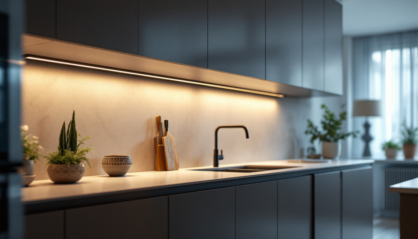A photograph of a beautifully designed under cabinet light fixture installed in a modern kitchen setting