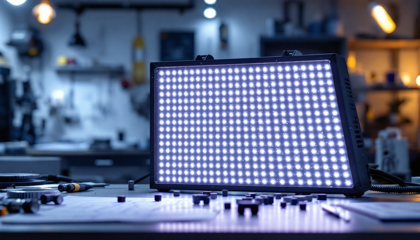 A photograph of a close-up view of a 48 led fixture in a well-lit engineering workspace