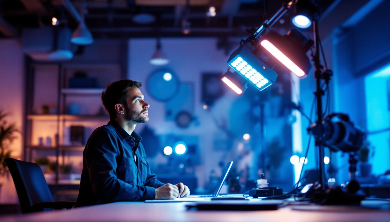 A photograph of a lighting engineer in a modern workspace