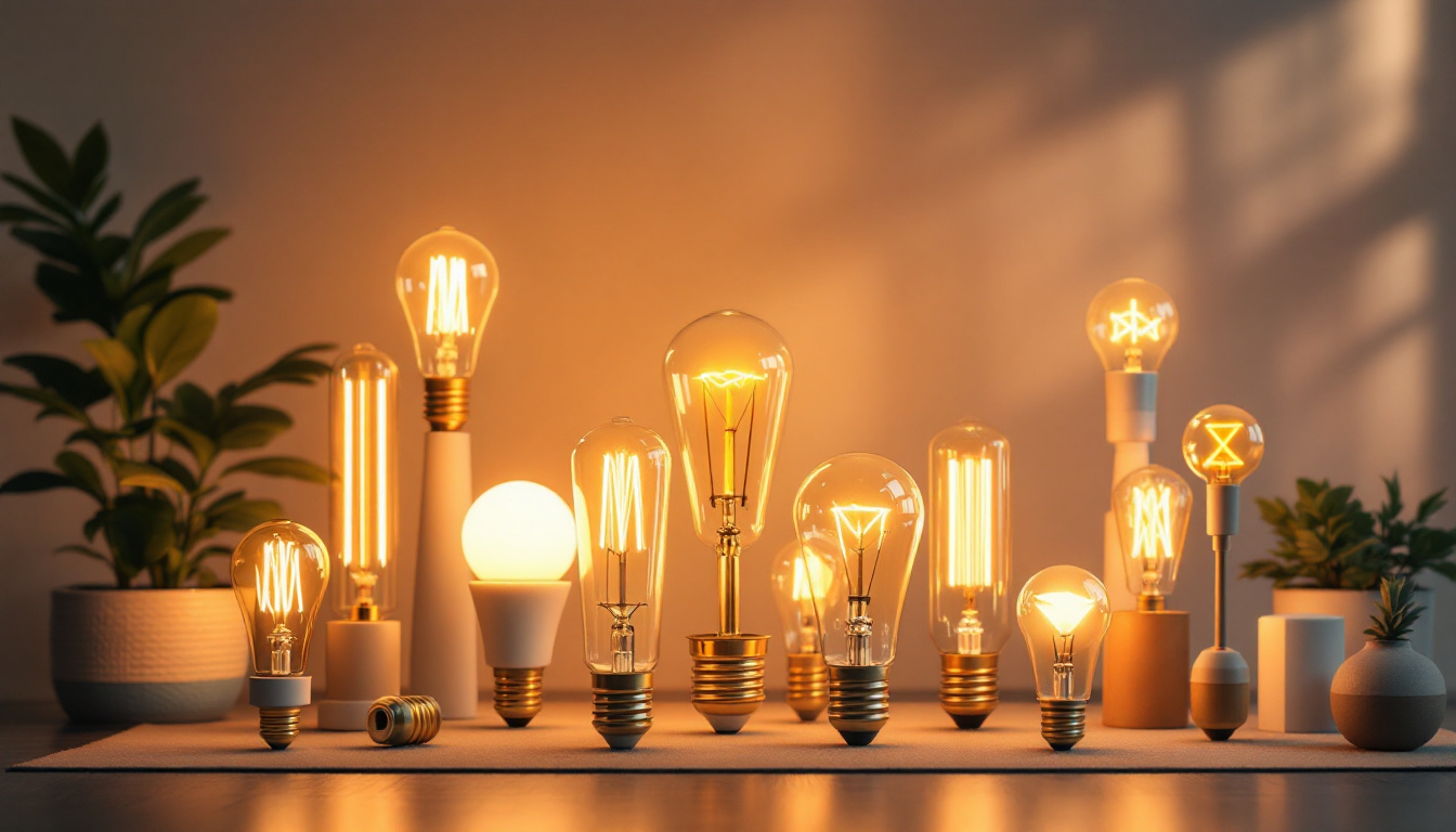 A photograph of a beautifully arranged display of various long led light bulbs in different settings
