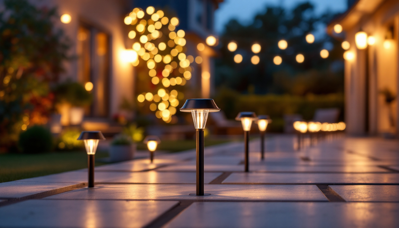 A photograph of a beautifully lit patio featuring a variety of stylish solar outdoor lights in use during dusk