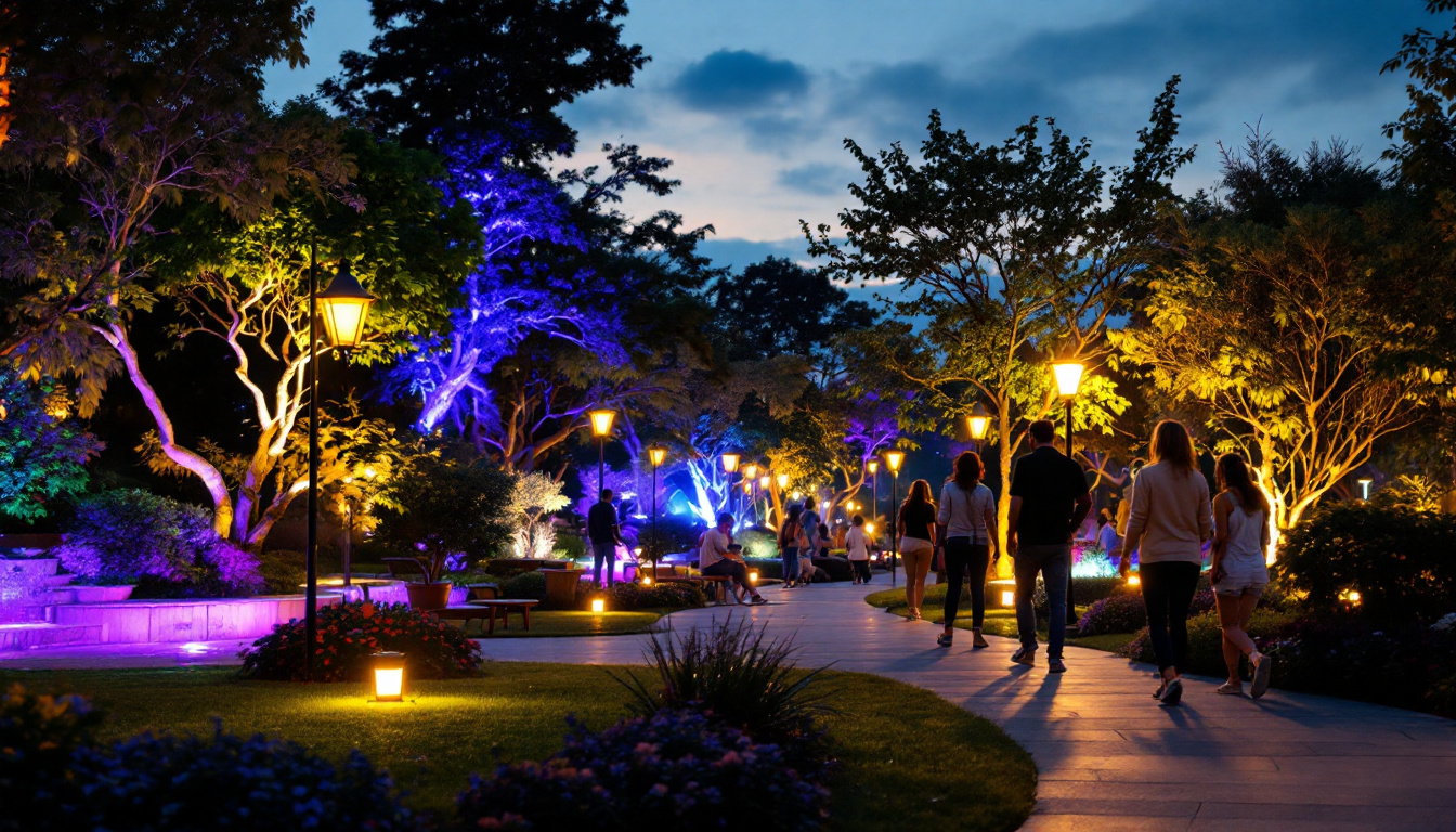 A photograph of a beautifully illuminated park at dusk