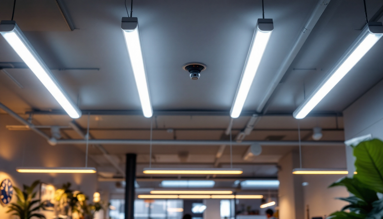 A photograph of a well-lit workspace featuring fluorescent 8ft tubes installed in a ceiling
