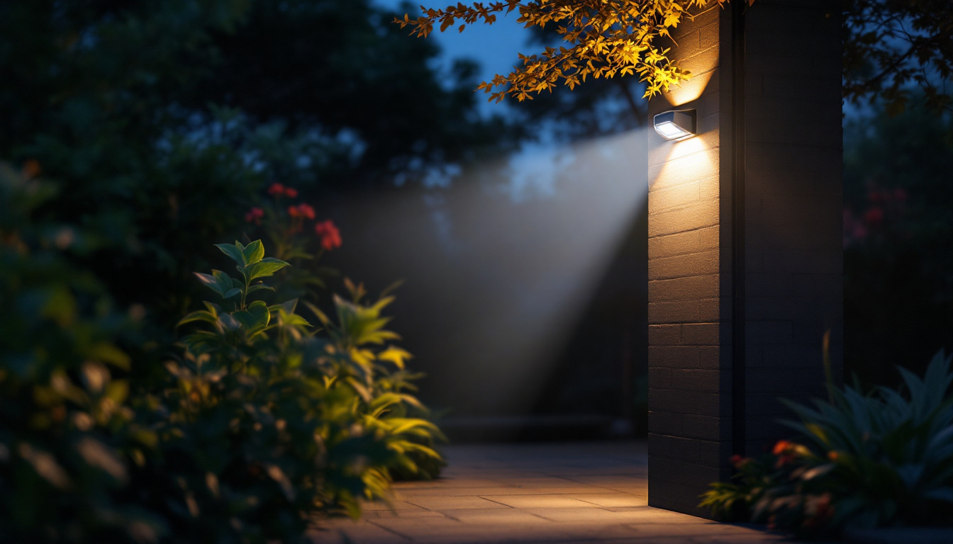 A photograph of a well-lit outdoor space featuring a motion sensor floodlight in action