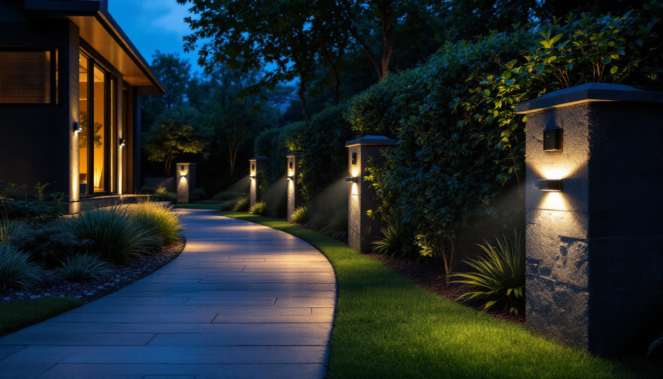 A photograph of a well-lit exterior space featuring motion sensor flood lights illuminating a pathway or garden