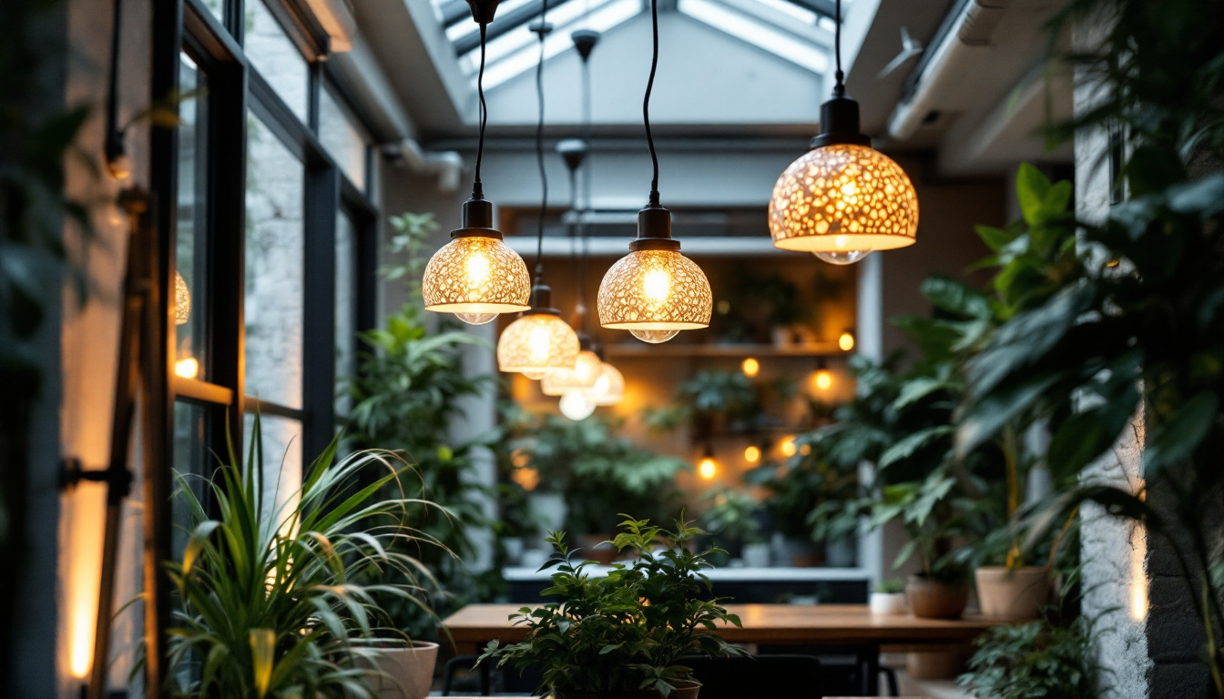 A photograph of a stylish and modern office space featuring energy-efficient lighting fixtures with decorative light covers