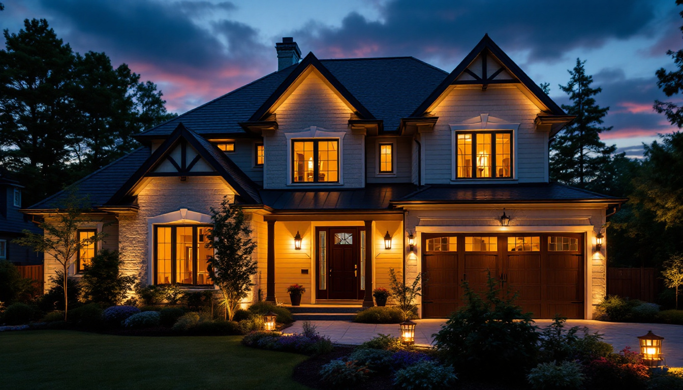 A photograph of a beautifully illuminated home exterior at dusk
