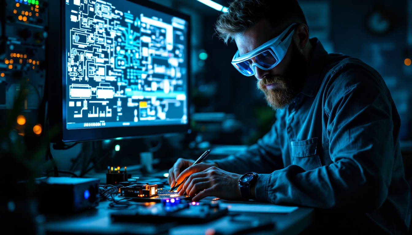 A photograph of a skilled electrical engineer working intently at a workstation surrounded by light 4s components