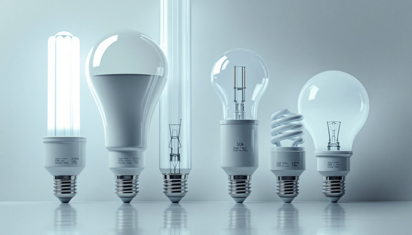 A photograph of a variety of fluorescent light bulbs of different sizes and shapes arranged aesthetically on a clean