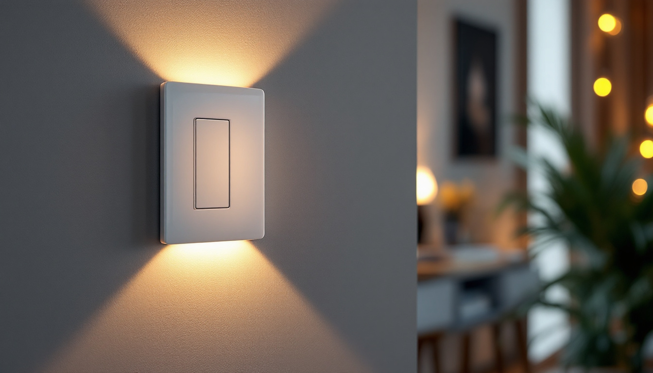 A photograph of a modern smart wi-fi light switch elegantly installed in a stylish home setting