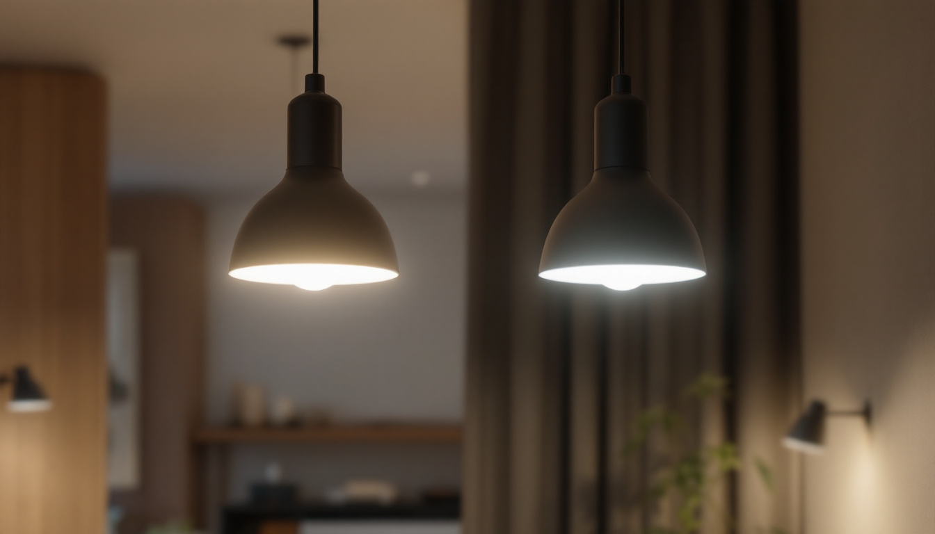 A photograph of a modern lighting design showcase that contrasts led and fluorescent fixtures in a stylish interior setting