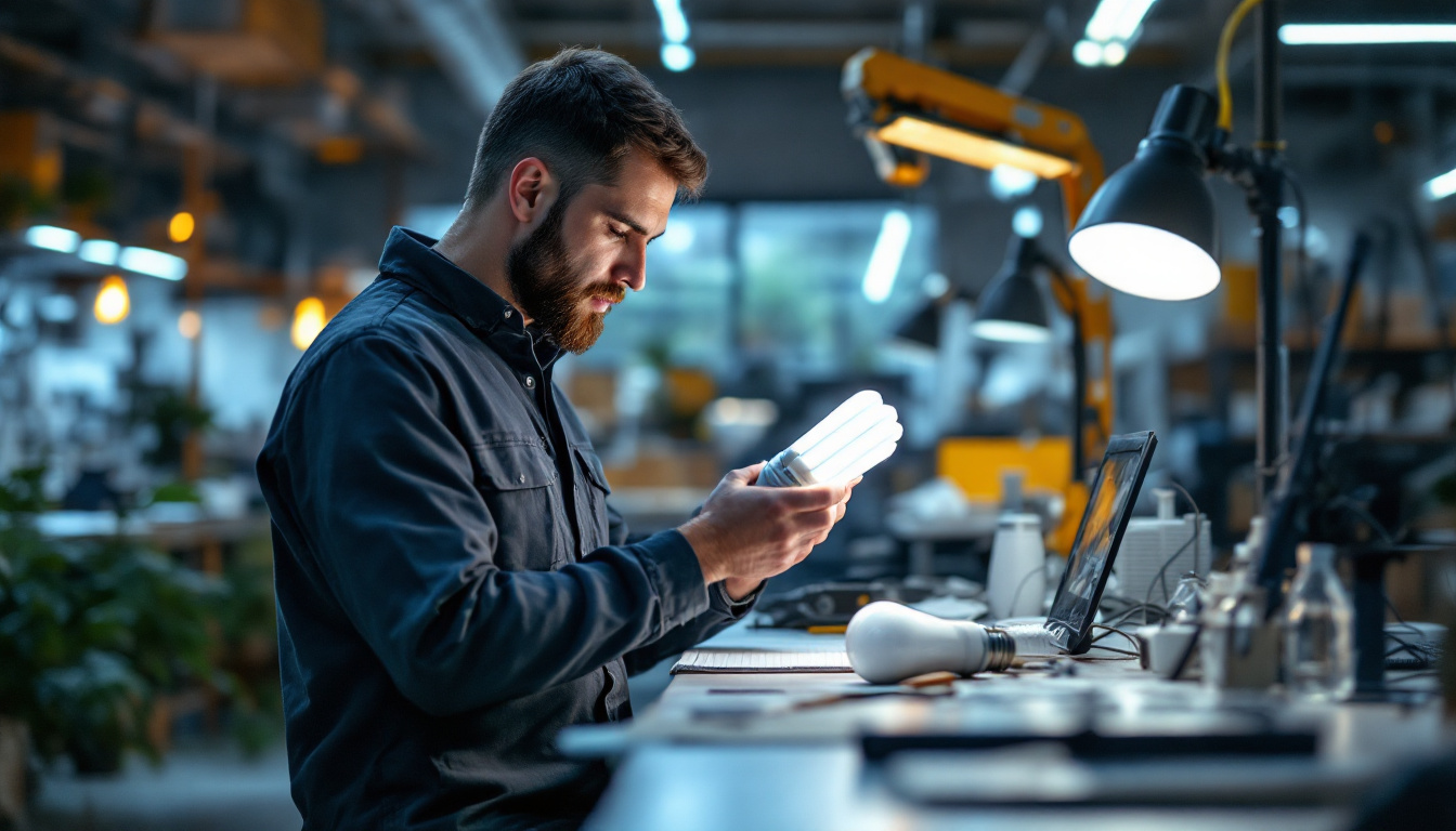A photograph of a well-lit workspace featuring an electrical engineer examining t8 lamps