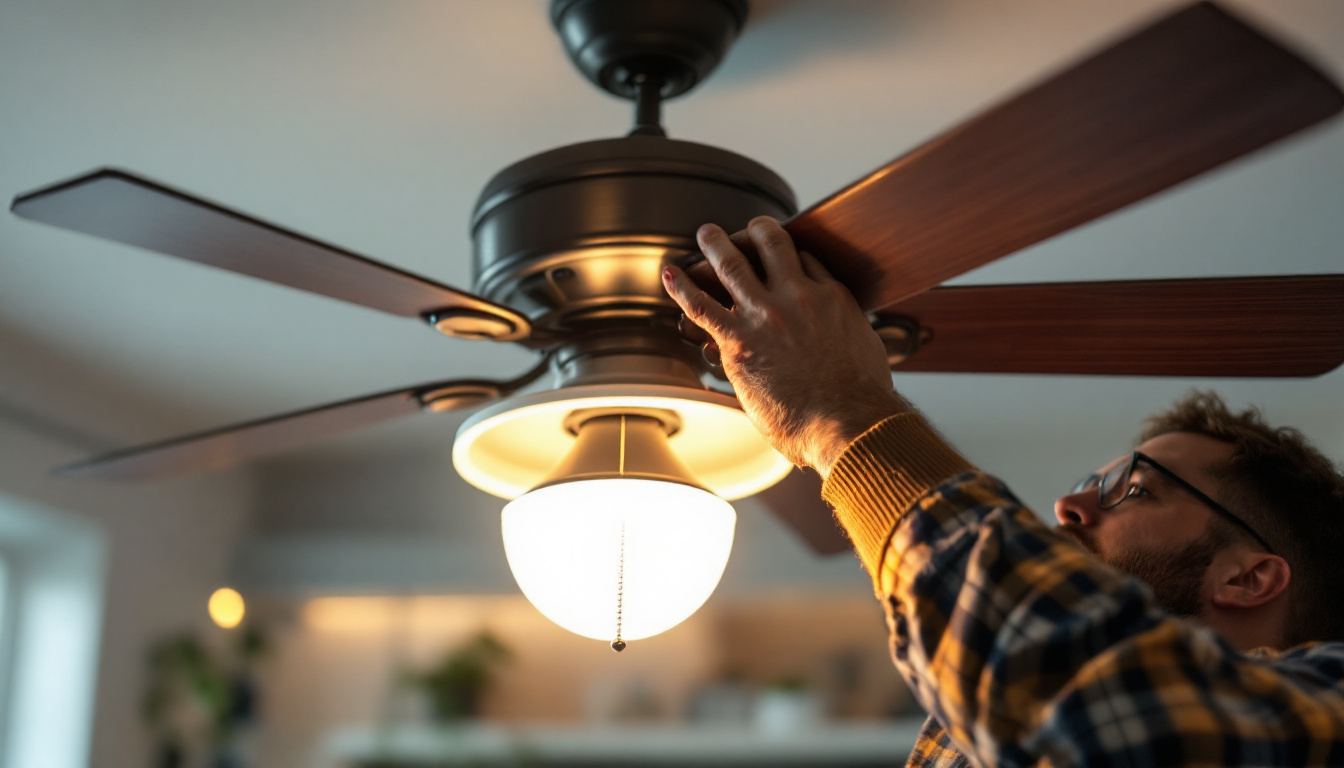 A photograph of a skilled electrician or electrical engineer carefully replacing a ceiling fan light cover