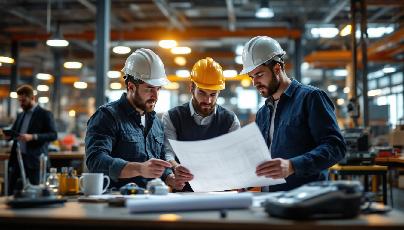 A photograph of a diverse group of engineers collaborating in a well-lit workspace