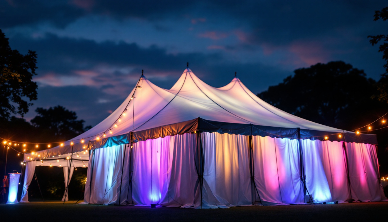 A photograph of a beautifully illuminated canopy tent at dusk