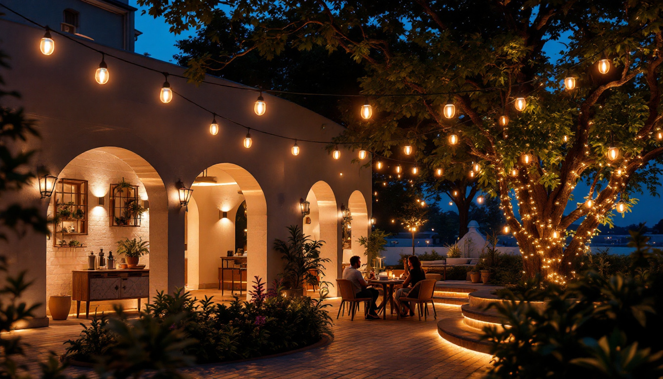 A photograph of a beautifully illuminated outdoor space at dusk