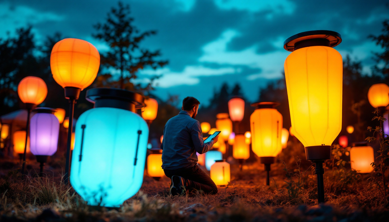 A photograph of a vibrant outdoor scene featuring a variety of large solar lanterns in use