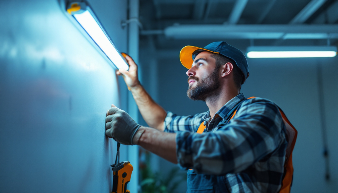 A photograph of a person safely replacing a fluorescent tube in a well-lit setting