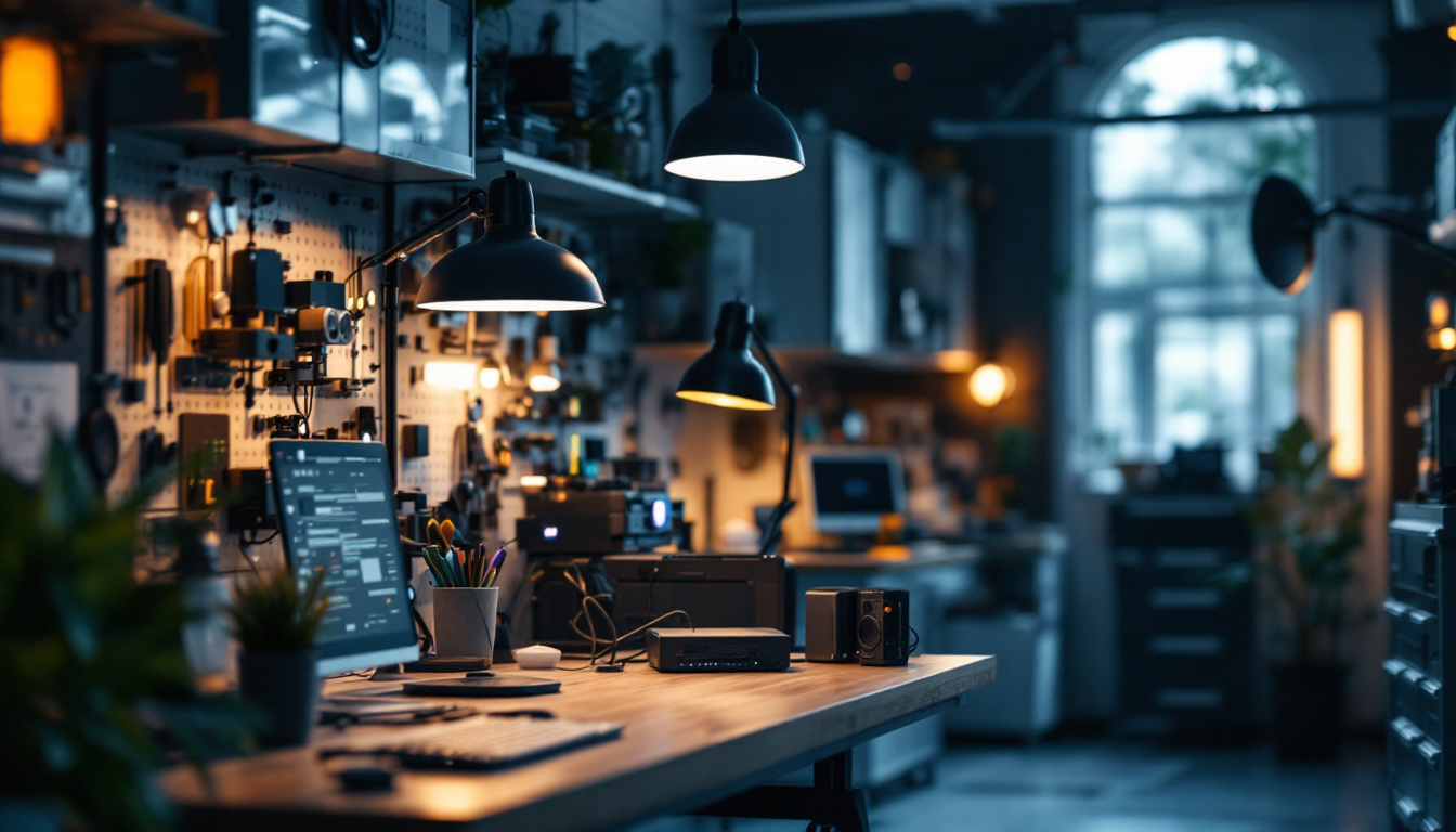 A photograph of a well-lit engineering workspace featuring a variety of innovative lighting solutions
