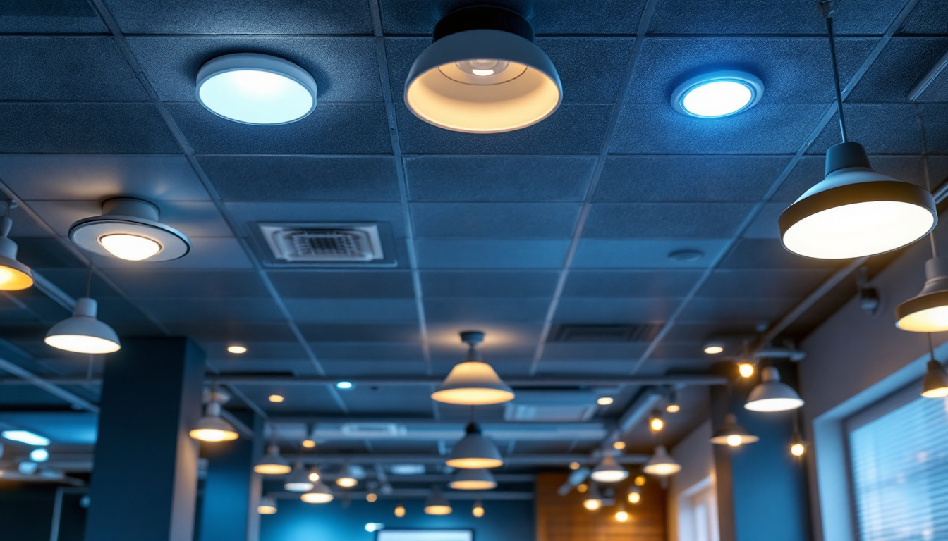 A photograph of a well-lit drop ceiling installation showcasing various types of lighting fixtures
