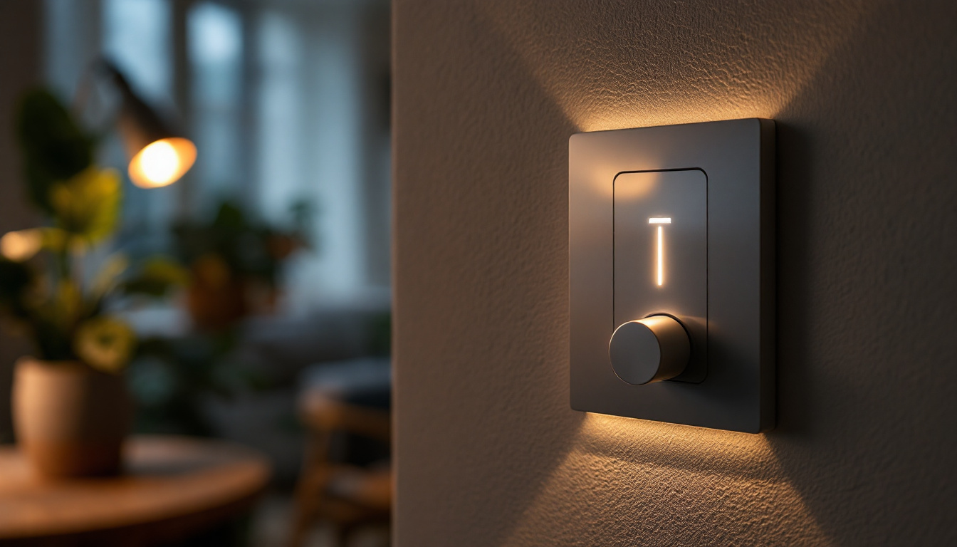 A photograph of a stylishly designed dimmer switch in a modern home setting