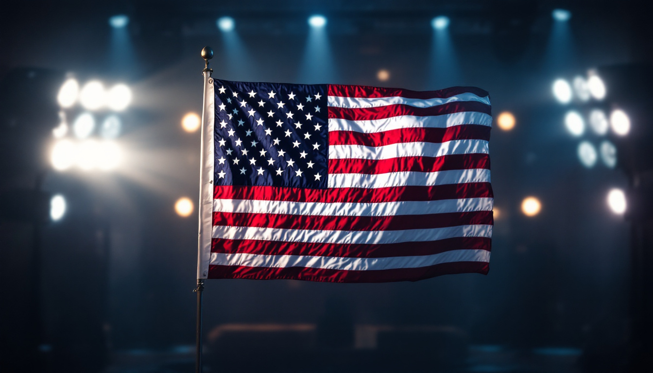 A photograph of a well-lit american flag displayed in a lighting system setup
