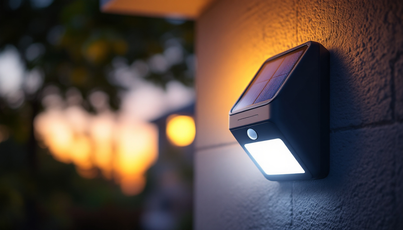 A photograph of a solar-powered motion detection light installed in a residential outdoor setting