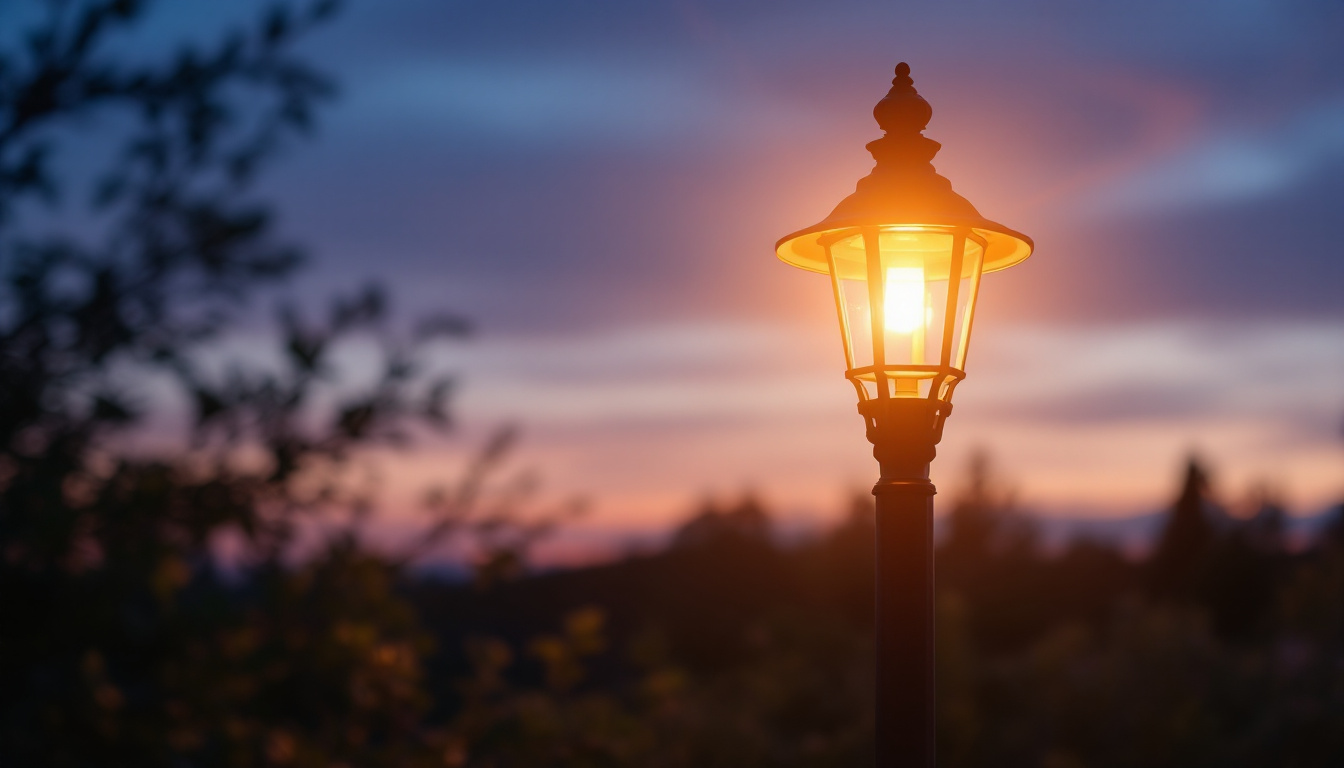A photograph of a beautifully illuminated backyard light post at dusk
