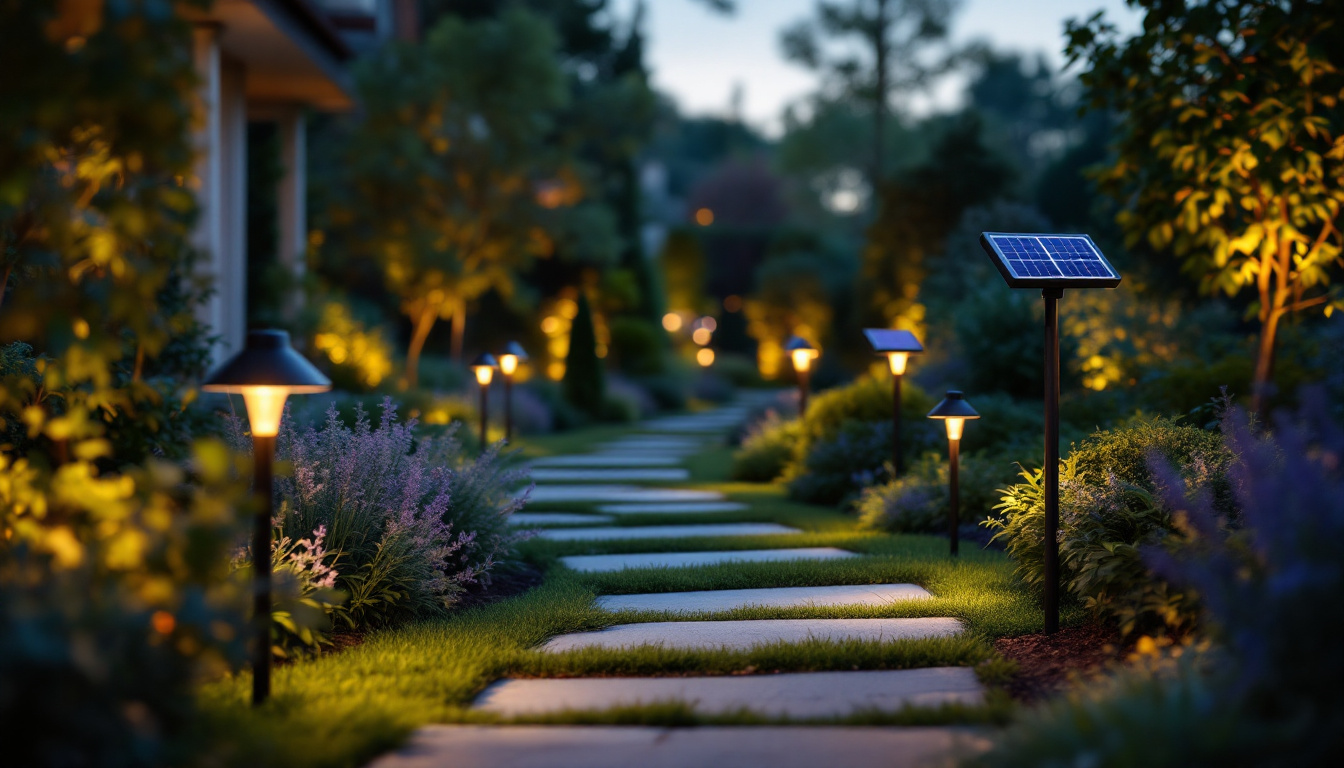 A photograph of a beautifully landscaped garden at twilight