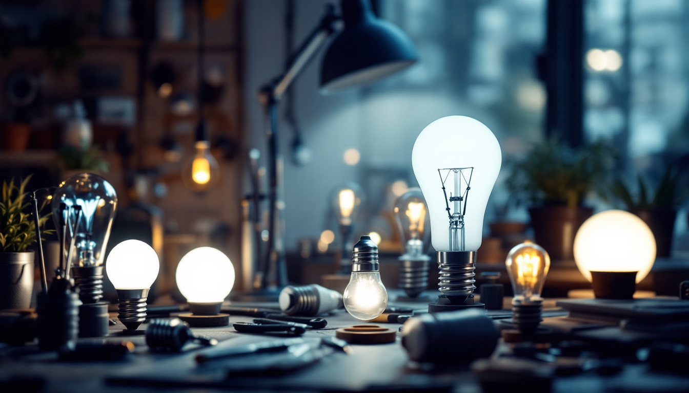 A photograph of a well-lit workspace showcasing various types of light bulbs for lamps