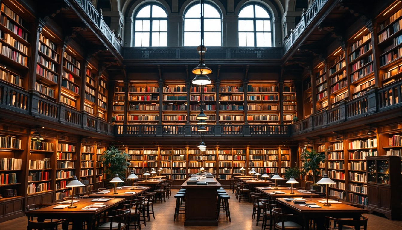A photograph of a well-lit library interior showcasing various lighting designs