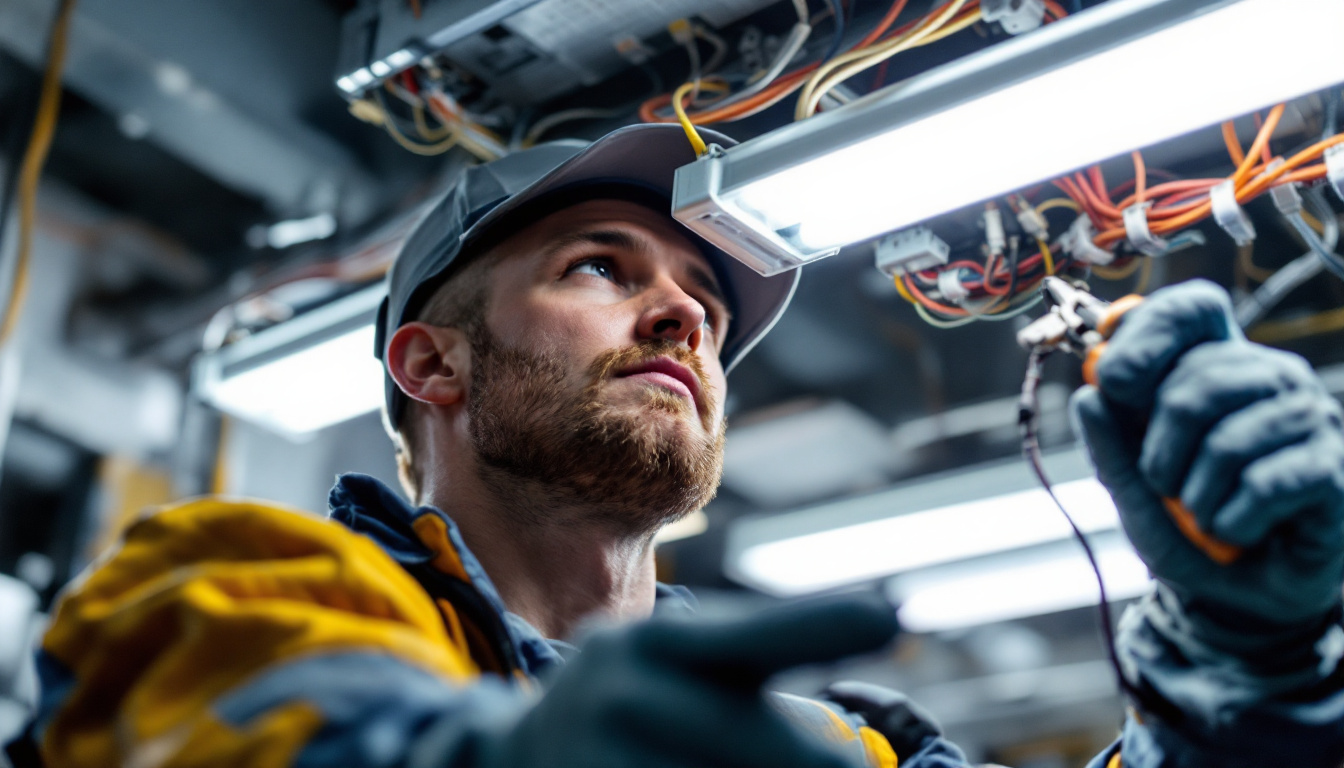 A photograph of a technician skillfully replacing a ballast in a fluorescent light fixture