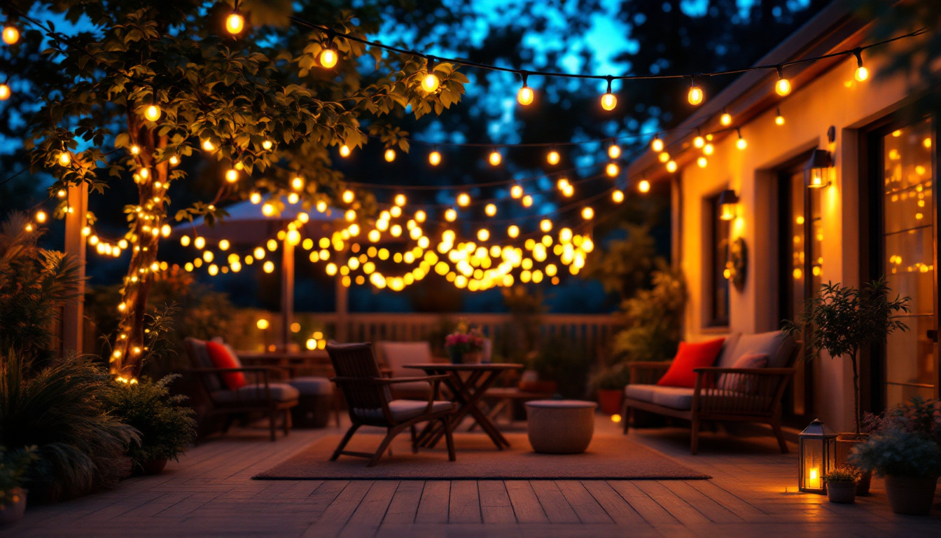 A photograph of a beautifully illuminated outdoor space adorned with led string lights