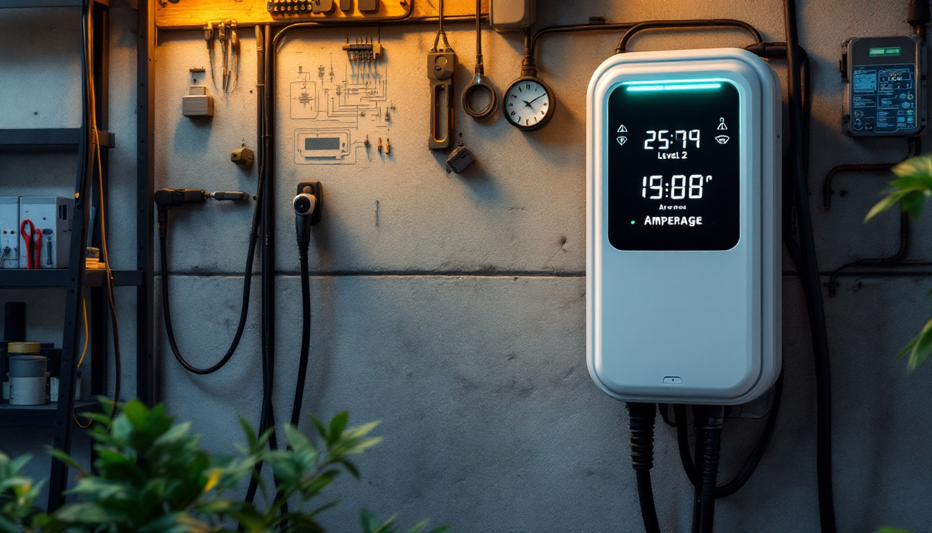 A photograph of a level 2 electric vehicle charger in action