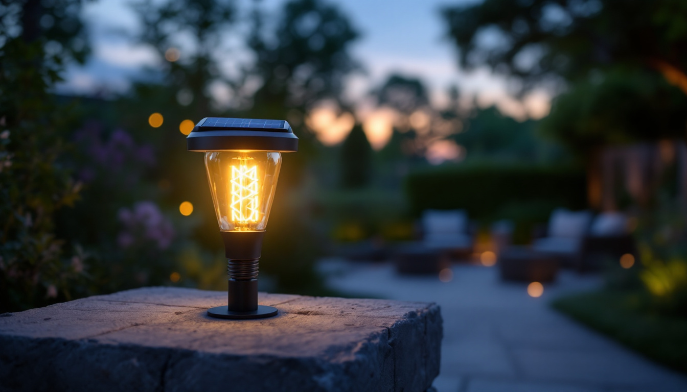 A photograph of a solar-powered light bulb illuminating a beautifully designed outdoor space