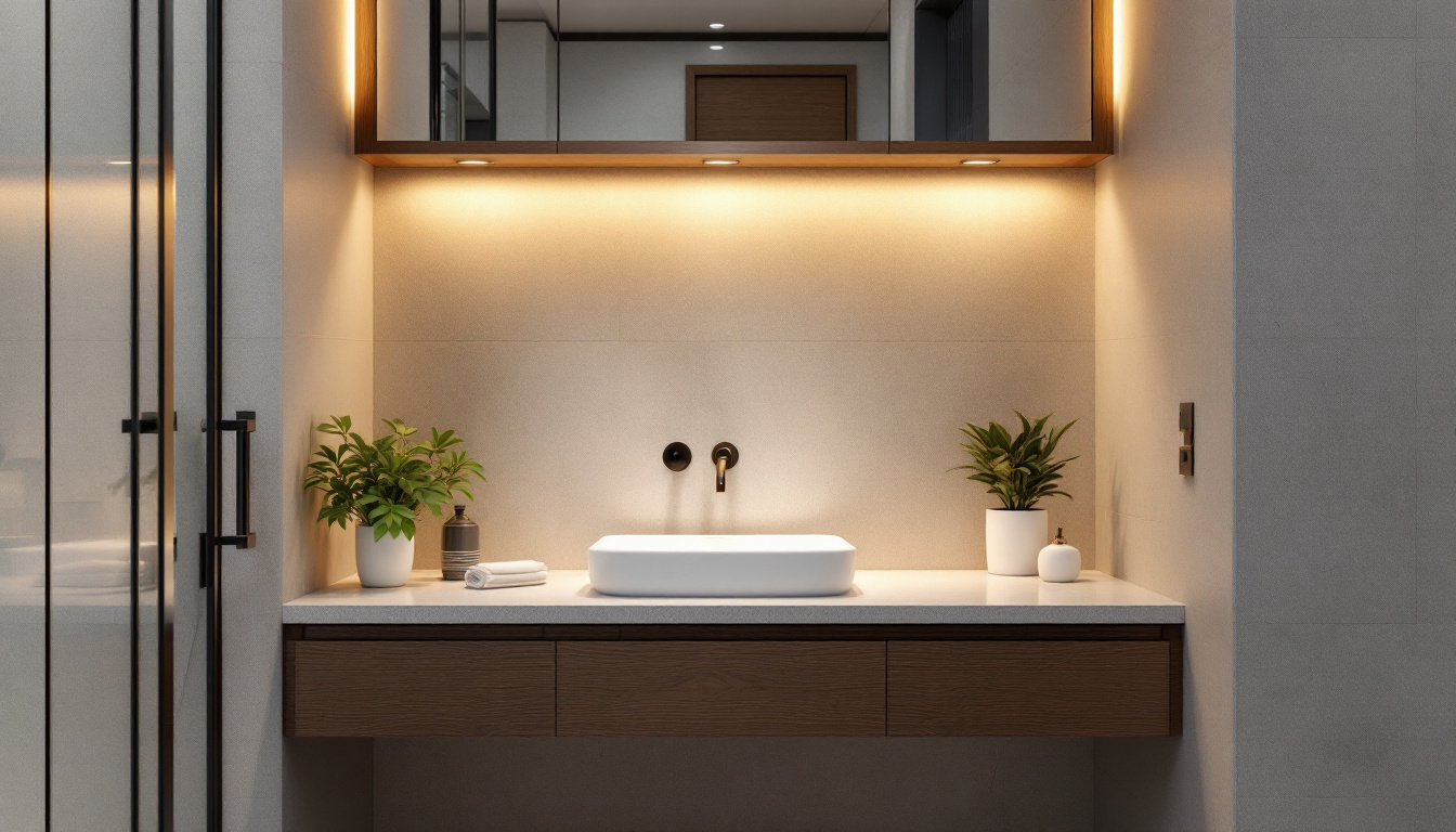 A photograph of a beautifully designed bathroom sink area featuring stylish lighting fixtures that highlight the sink