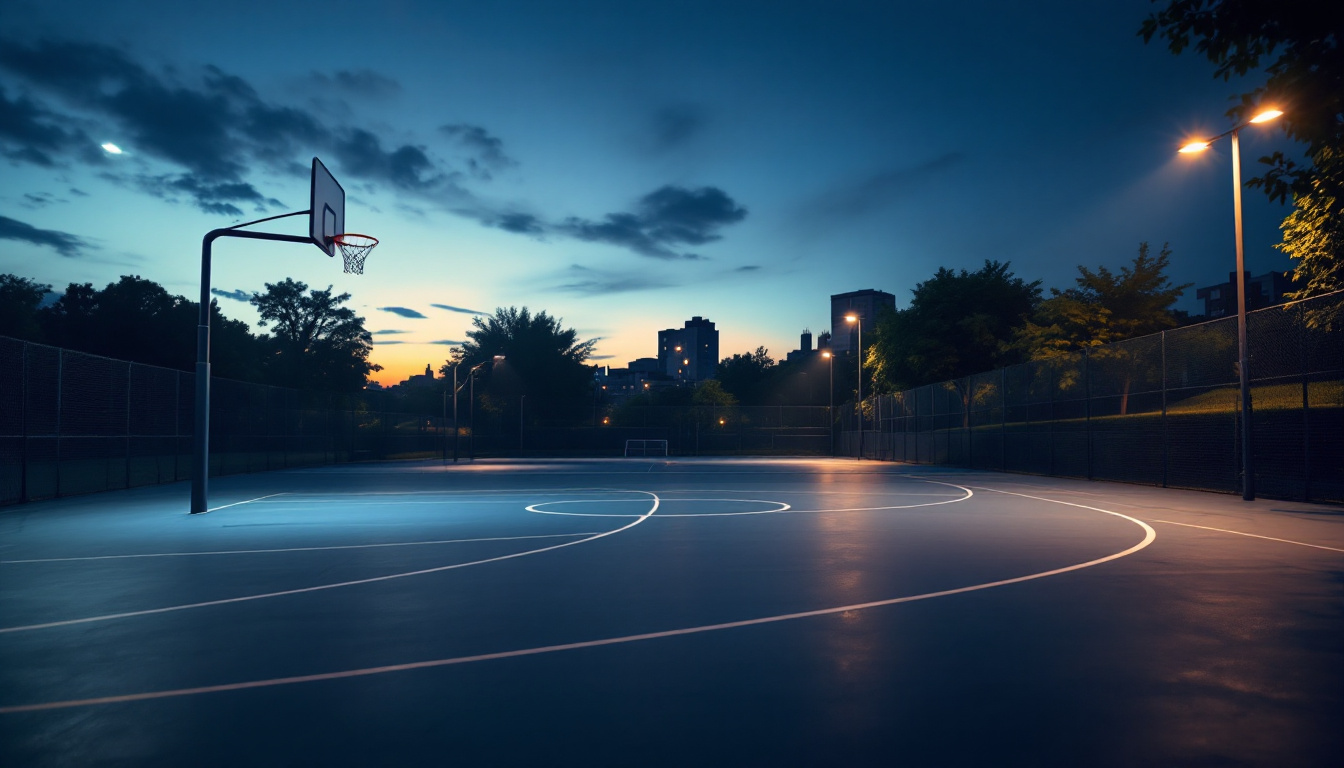 A photograph of a well-lit outdoor basketball court during twilight