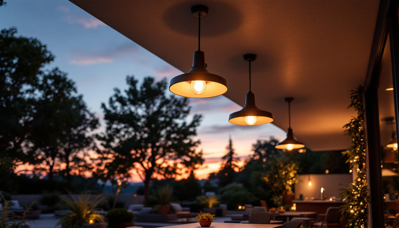 A photograph of a stylish outdoor ceiling light fixture installed in a beautifully landscaped patio setting during twilight