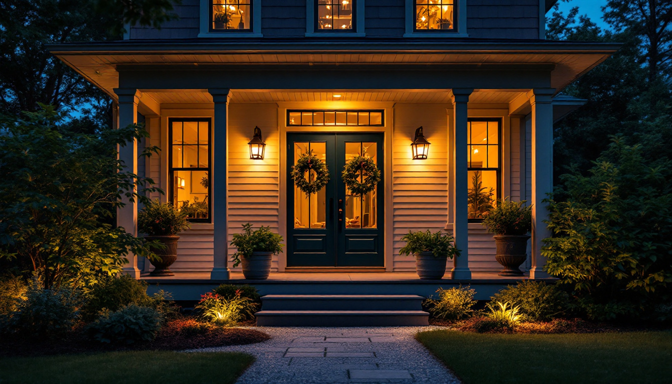 A photograph of a well-lit front porch showcasing a variety of stylish lighting options