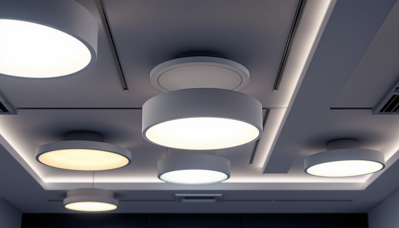 A photograph of a modern ceiling with various led light fixtures installed