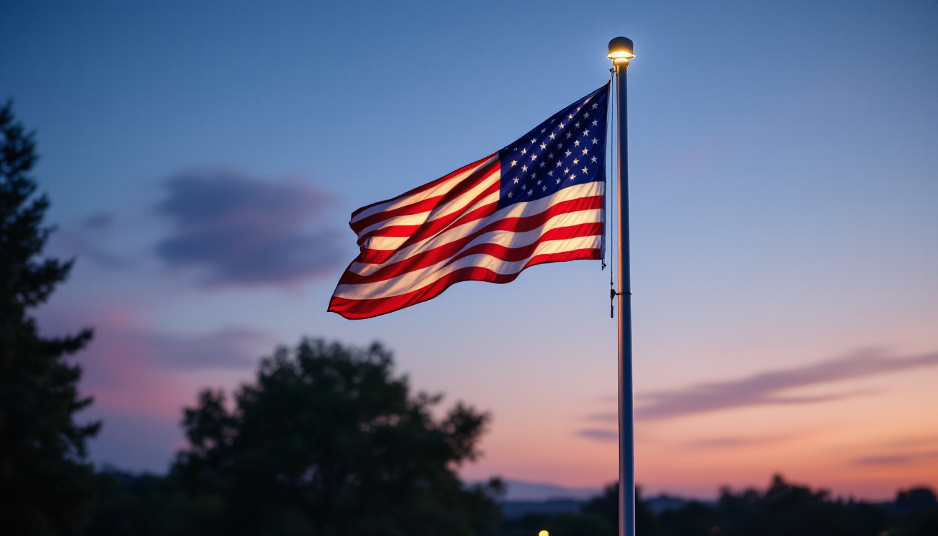 A photograph of a beautifully illuminated flagpole at dusk