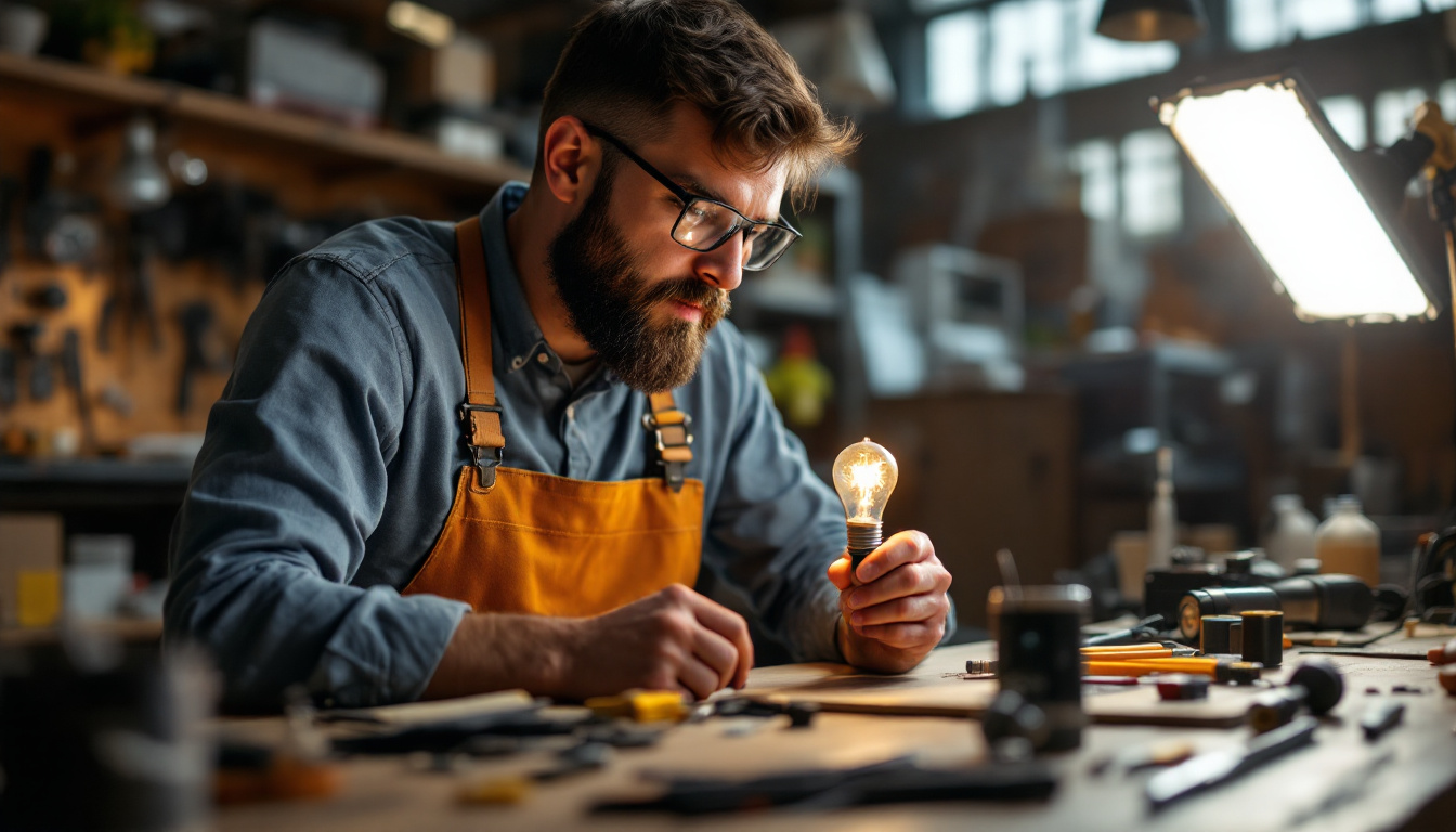A photograph of a lighting engineer examining a 40w type b bulb in a well-lit workshop