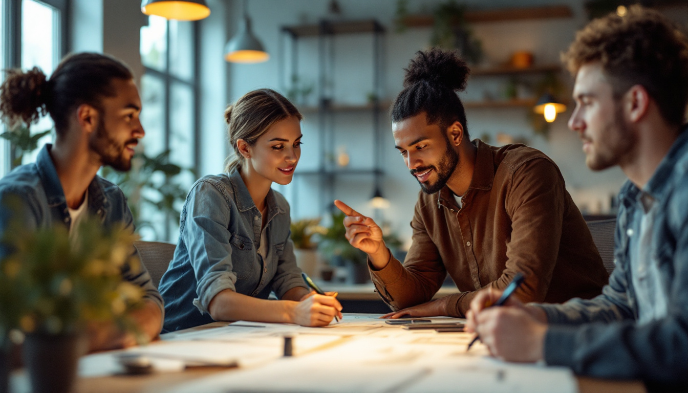 A photograph of a collaborative workspace featuring electrical engineers engaged in a dynamic discussion