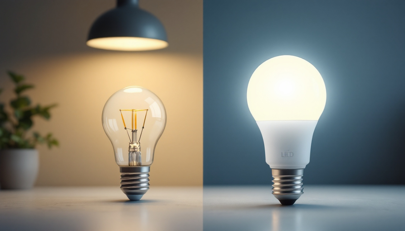 A photograph of a side-by-side comparison of led lights and fluorescent bulbs in a well-lit setting