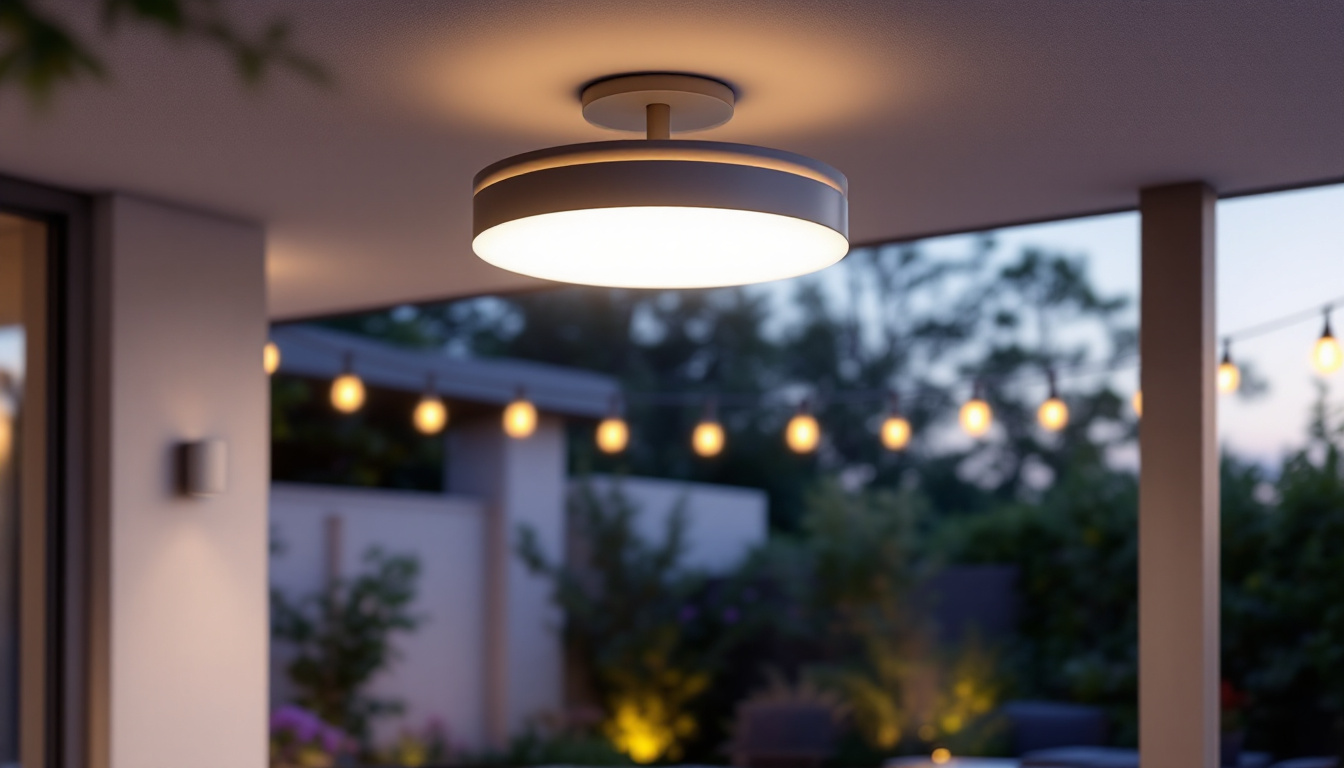 A photograph of a beautifully designed outdoor ceiling light fixture installed in an aesthetically pleasing outdoor setting