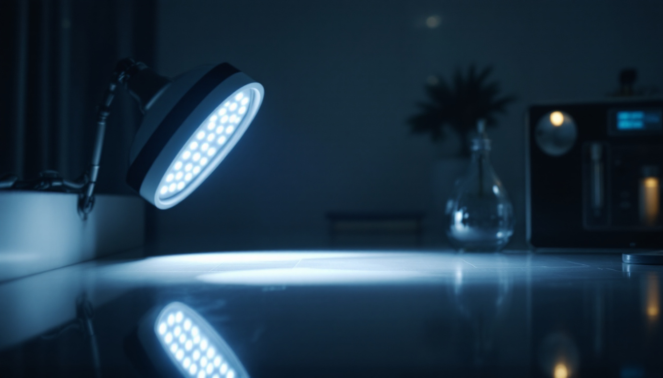 A photograph of a modern lighting setup featuring uv sanitizing lights in action