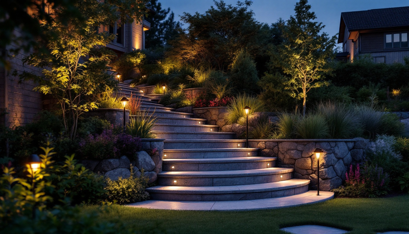 A photograph of a beautifully illuminated outdoor staircase at dusk