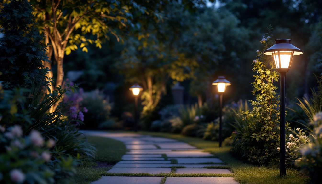 A photograph of a beautifully illuminated outdoor space featuring various styles of solar post lights in a serene garden or pathway setting during twilight