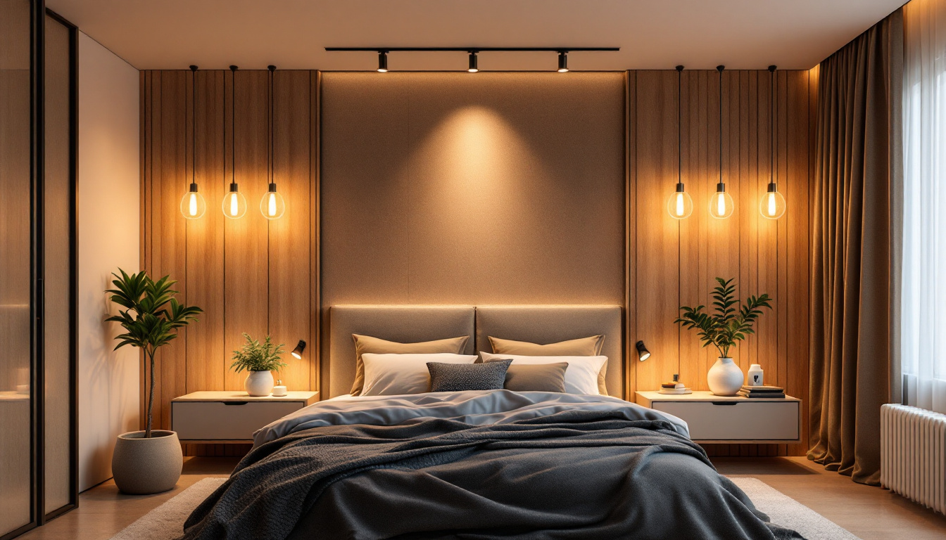 A photograph of a modern bedroom featuring sleek