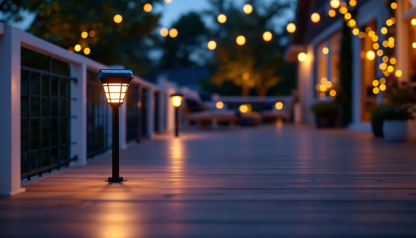 A photograph of a beautifully illuminated outdoor deck at dusk